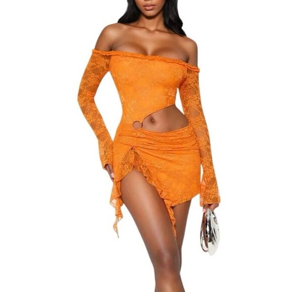 Fashion Nova Dresses & Skirts - Fashion Nova One of One Lace Mini Dress Orange XL Clubbing Cutout Miami NWT